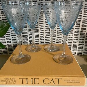 SET OF 4- Fostoria JUNE BLUE Goblets Elegant Etched Glasses  8 1/4"